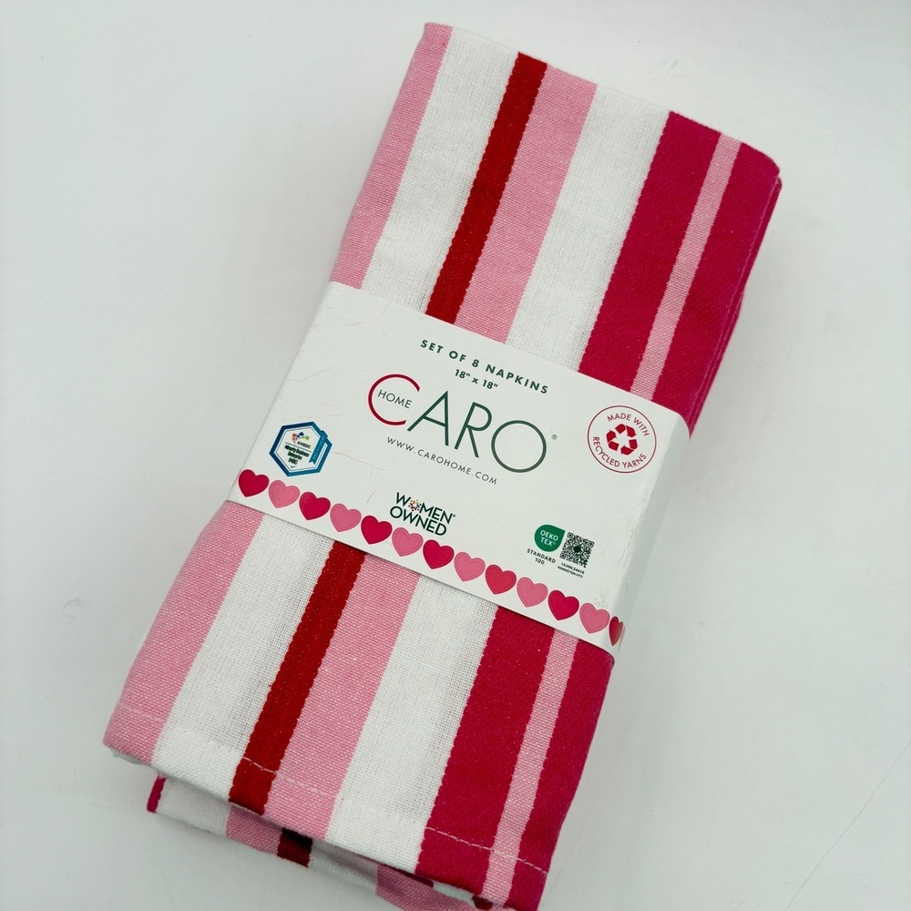Caro Home Set of 8 Pink Red Striped Cloth Napkins 18x18 Recycled Yarn New
